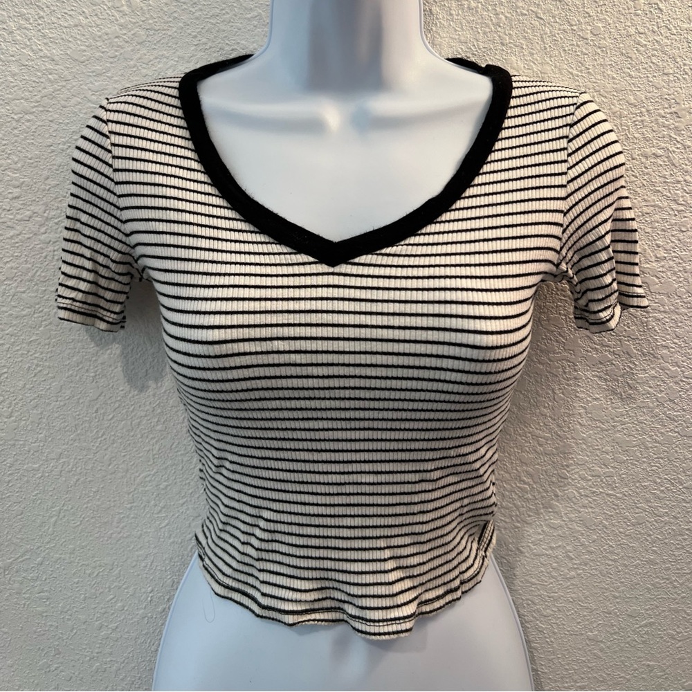 white striped v neck top